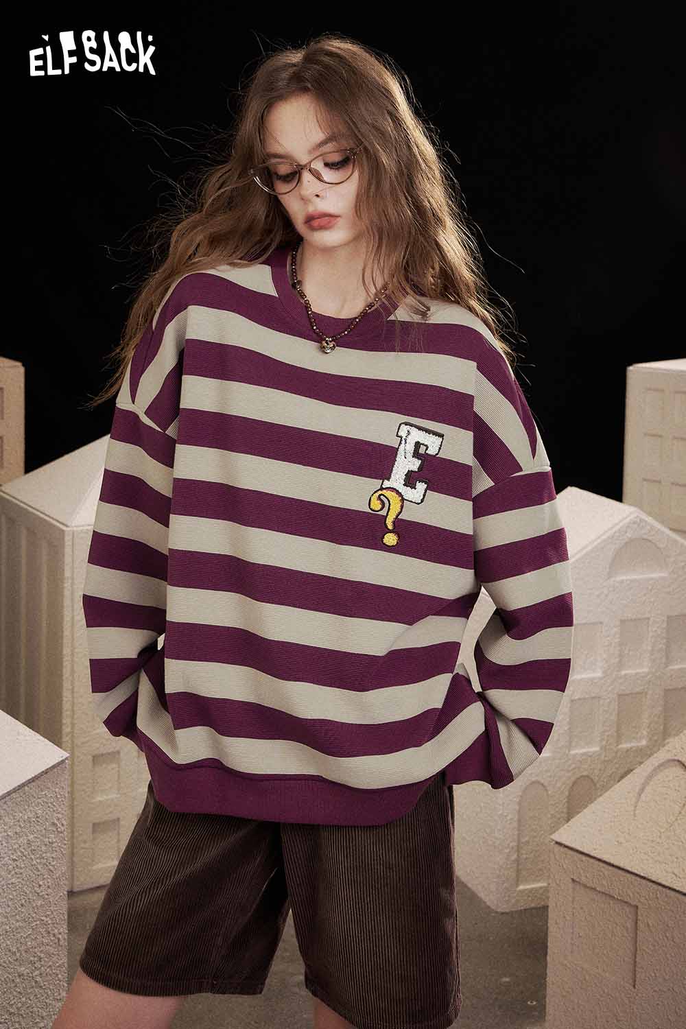 Striped embroidered sweatshirt women in burgundy and gray design with unique letter detail on chest