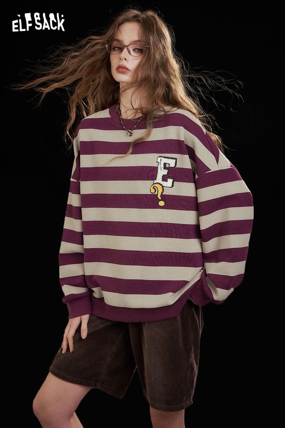 Striped embroidered sweatshirt women by ELFSACK featuring a bold letter design and relaxed fit