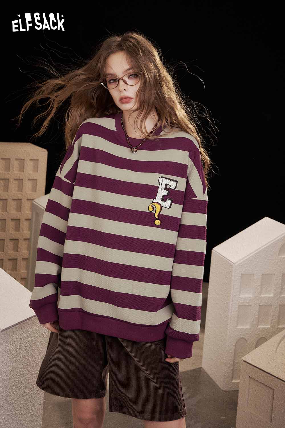 ELFSACK striped embroidered sweatshirt women in purple and gray, featuring a loose fit and casual style