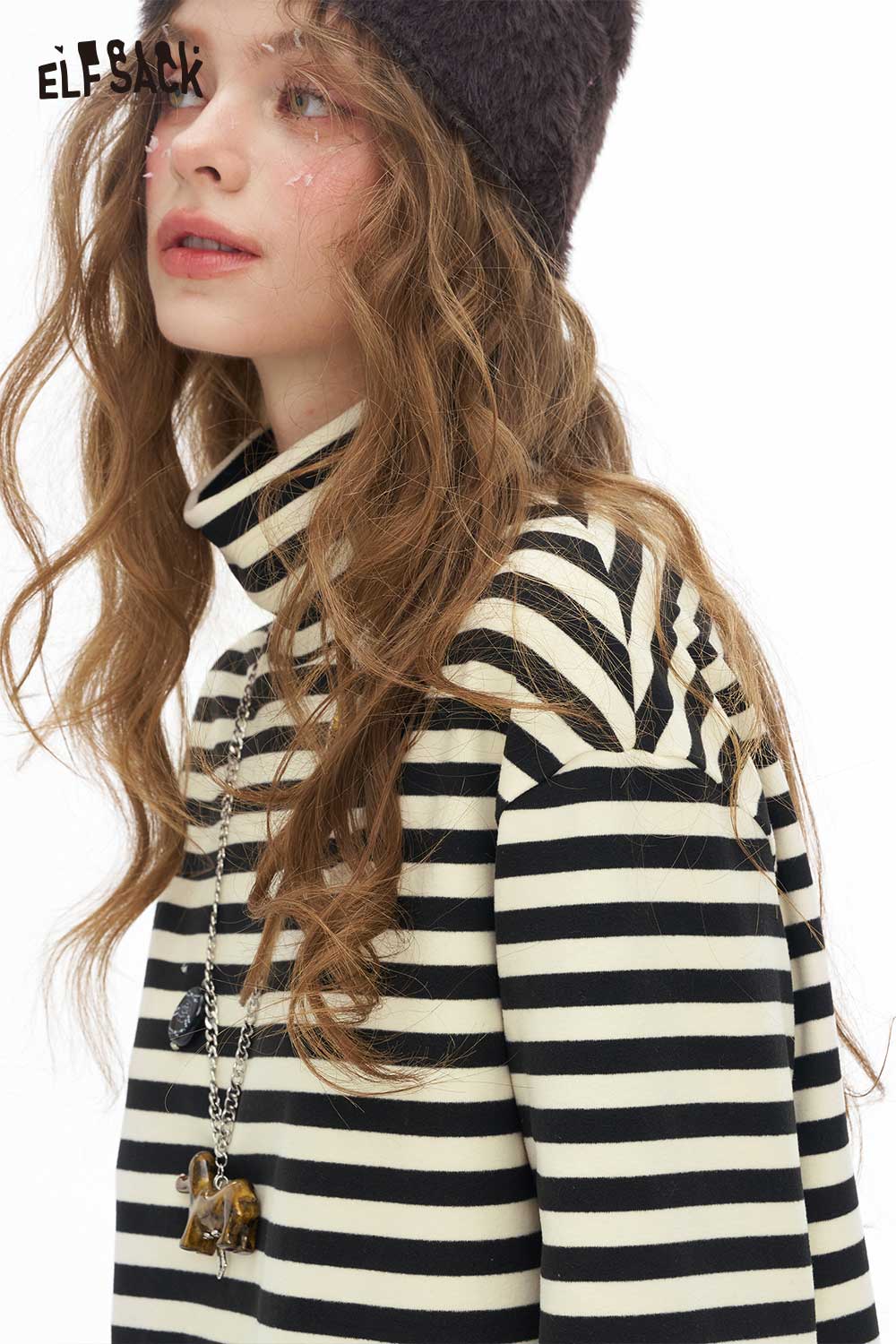 ELFSACK striped high neck graphic t-shirt for women featuring a relaxed fit and stylish black and white stripes