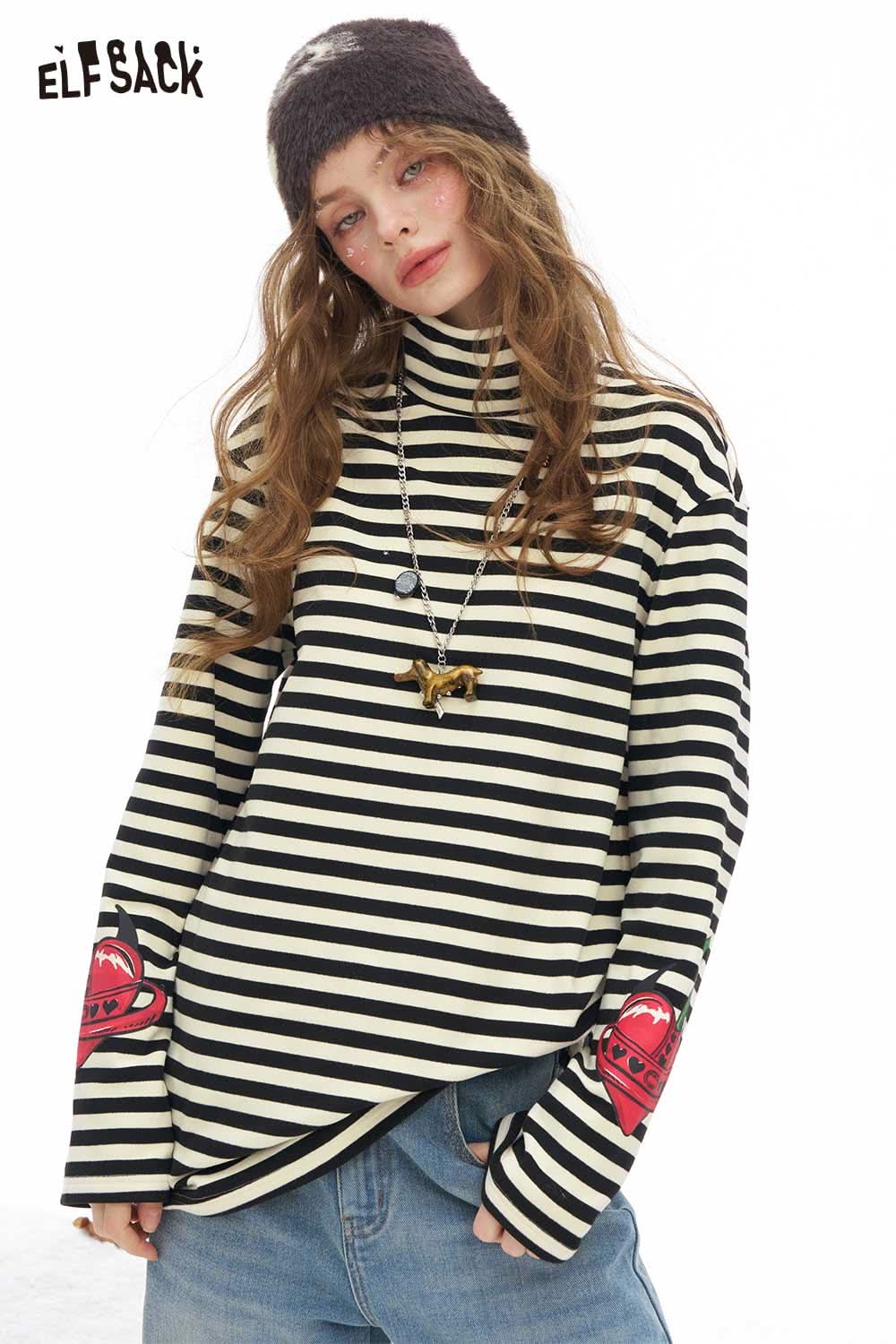 ELFSACK striped high neck graphic t-shirt for women with red heart graphics and long sleeves