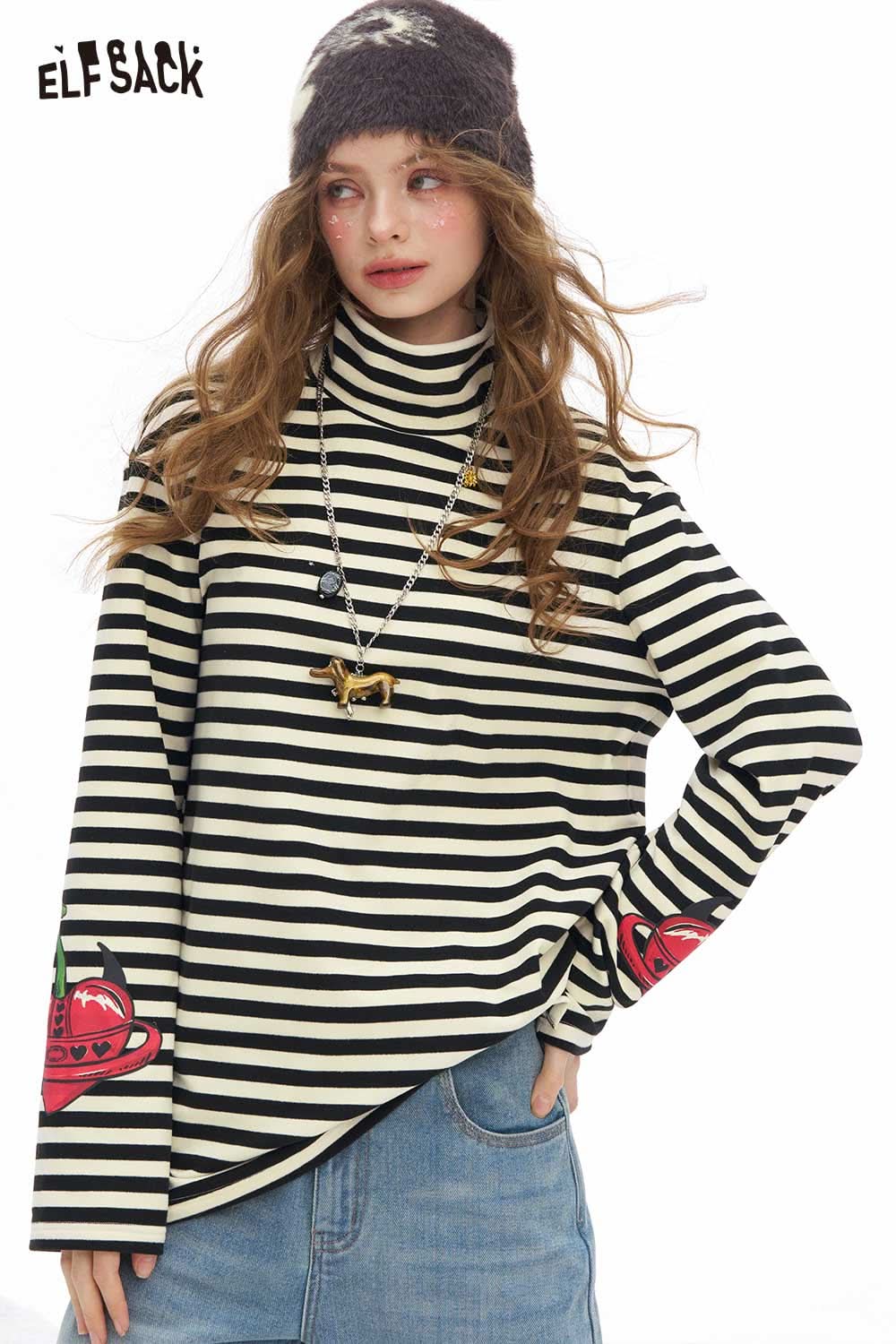 ELFSACK striped high neck graphic t-shirt for women featuring colorful prints and a relaxed fit