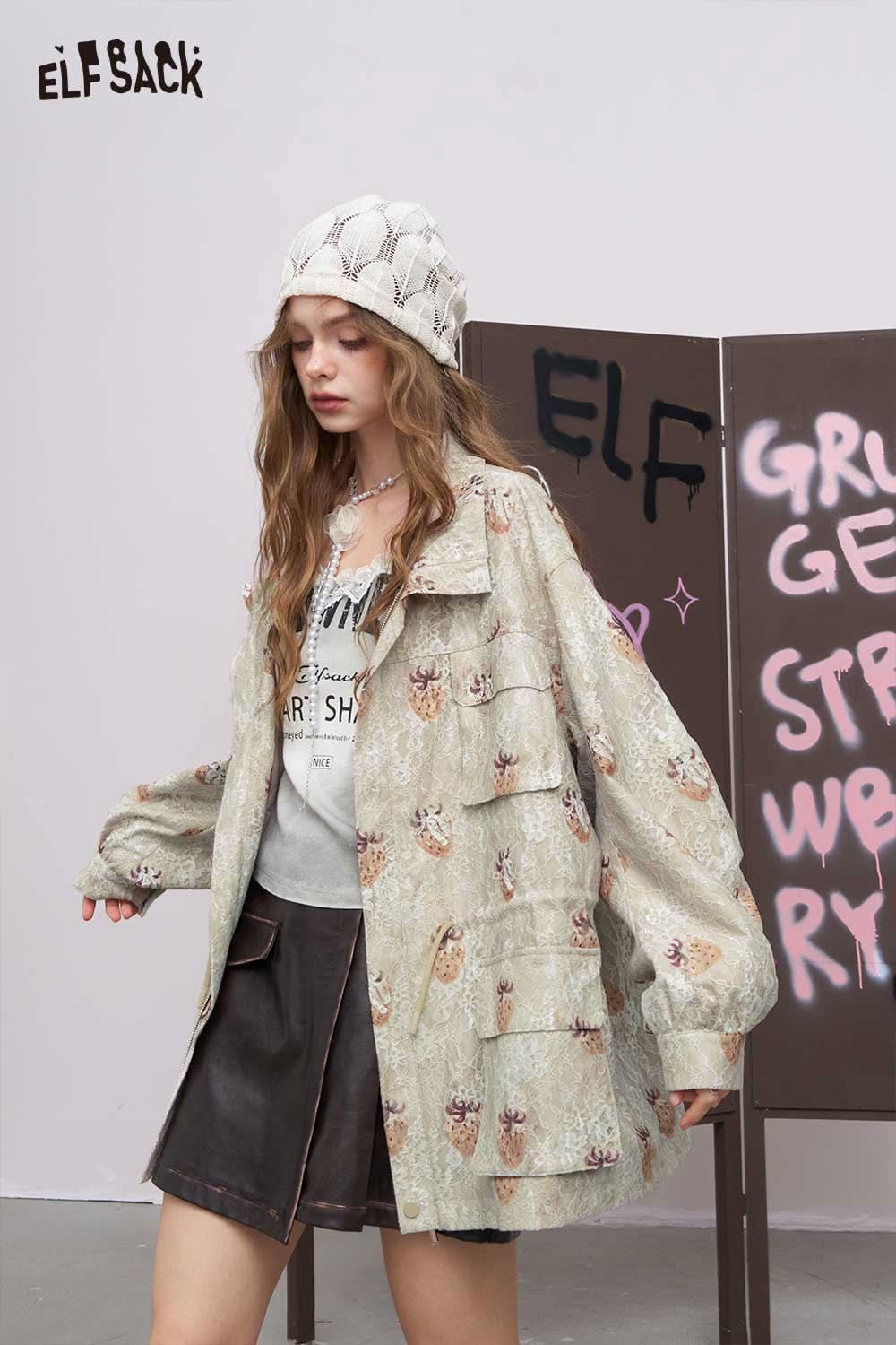 ELFSACK embroidered denim jacket for women light green floral oversized denim jacket styled with beanie