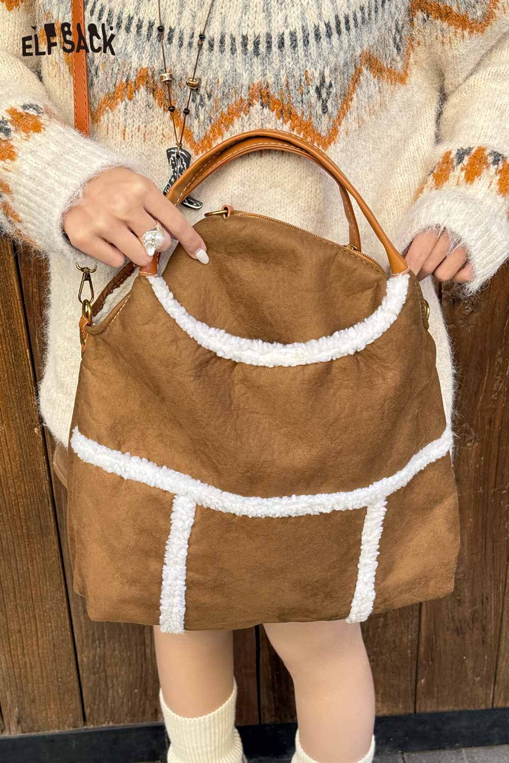ELFSACK suede lambswool crossbody bag with stylish design and comfortable handle
