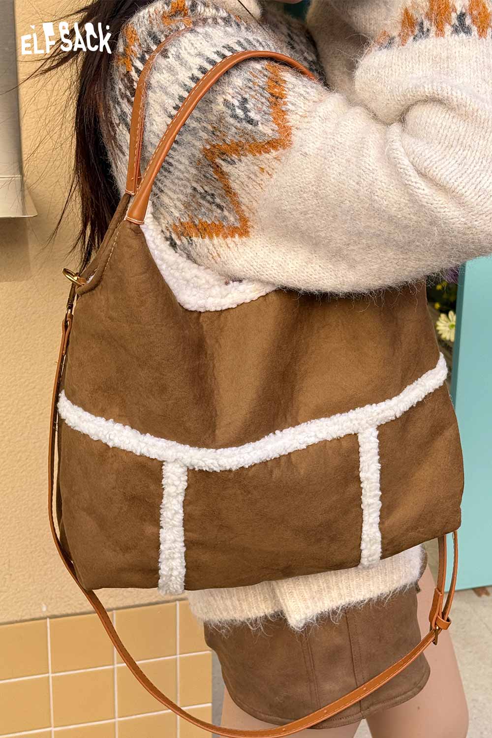 ELFSACK suede lambswool crossbody bag with soft texture and stylish design for casual outings