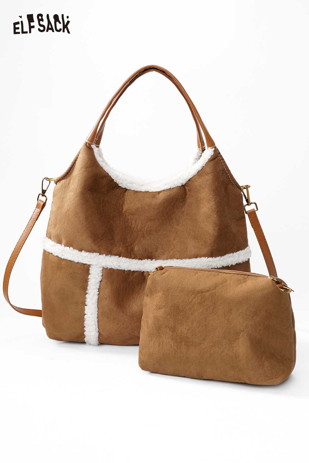 ELFSACK suede lambswool crossbody bag with soft fur detailing and detachable pouch for stylish everyday use
