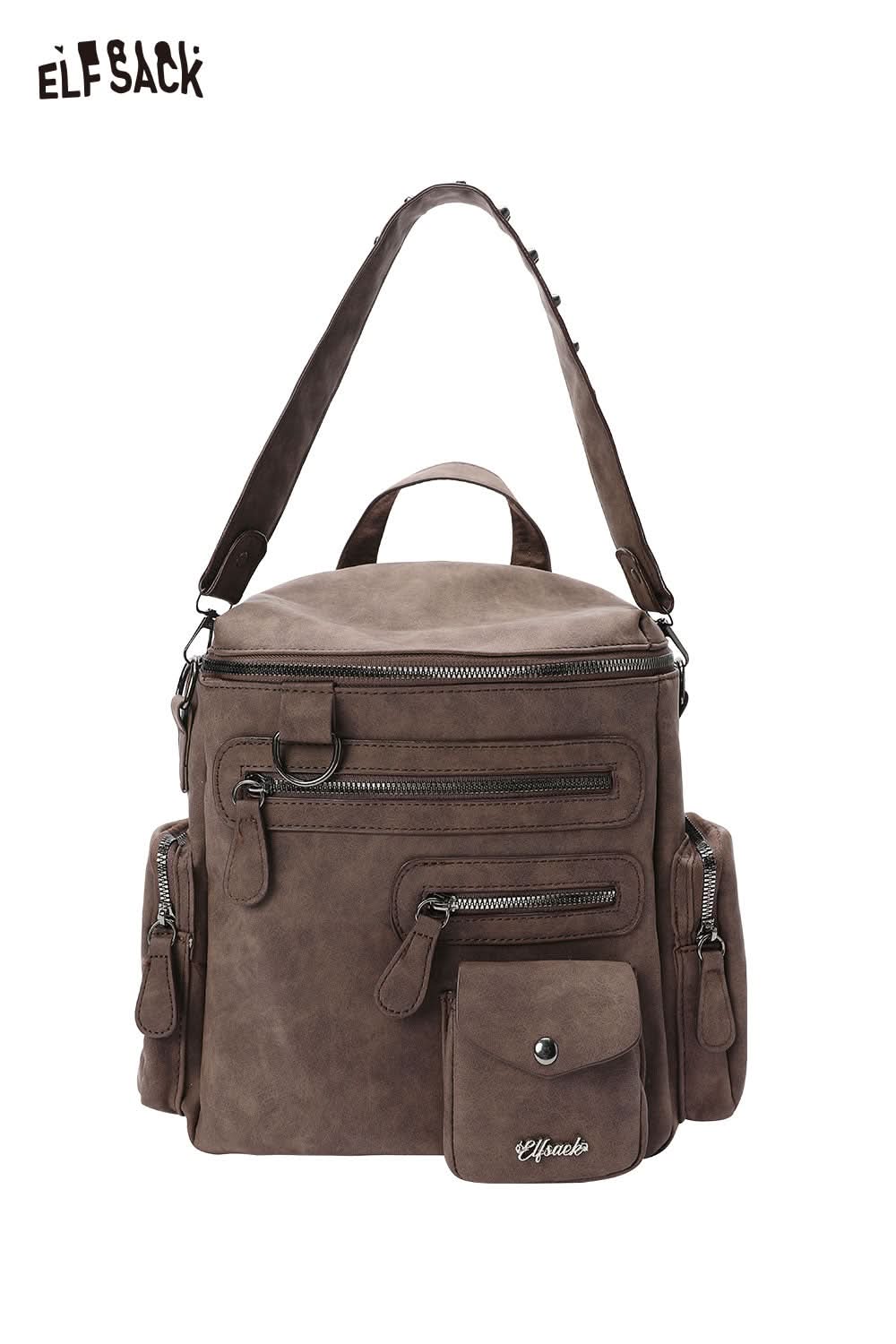 ELFSACK suede multi-compartment rucksack in brown with multiple zipper pockets for convenience