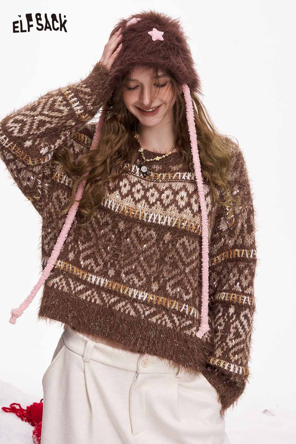 ELFSACK trendy cropped glitter sweater in brown with a cozy design and fluffy texture