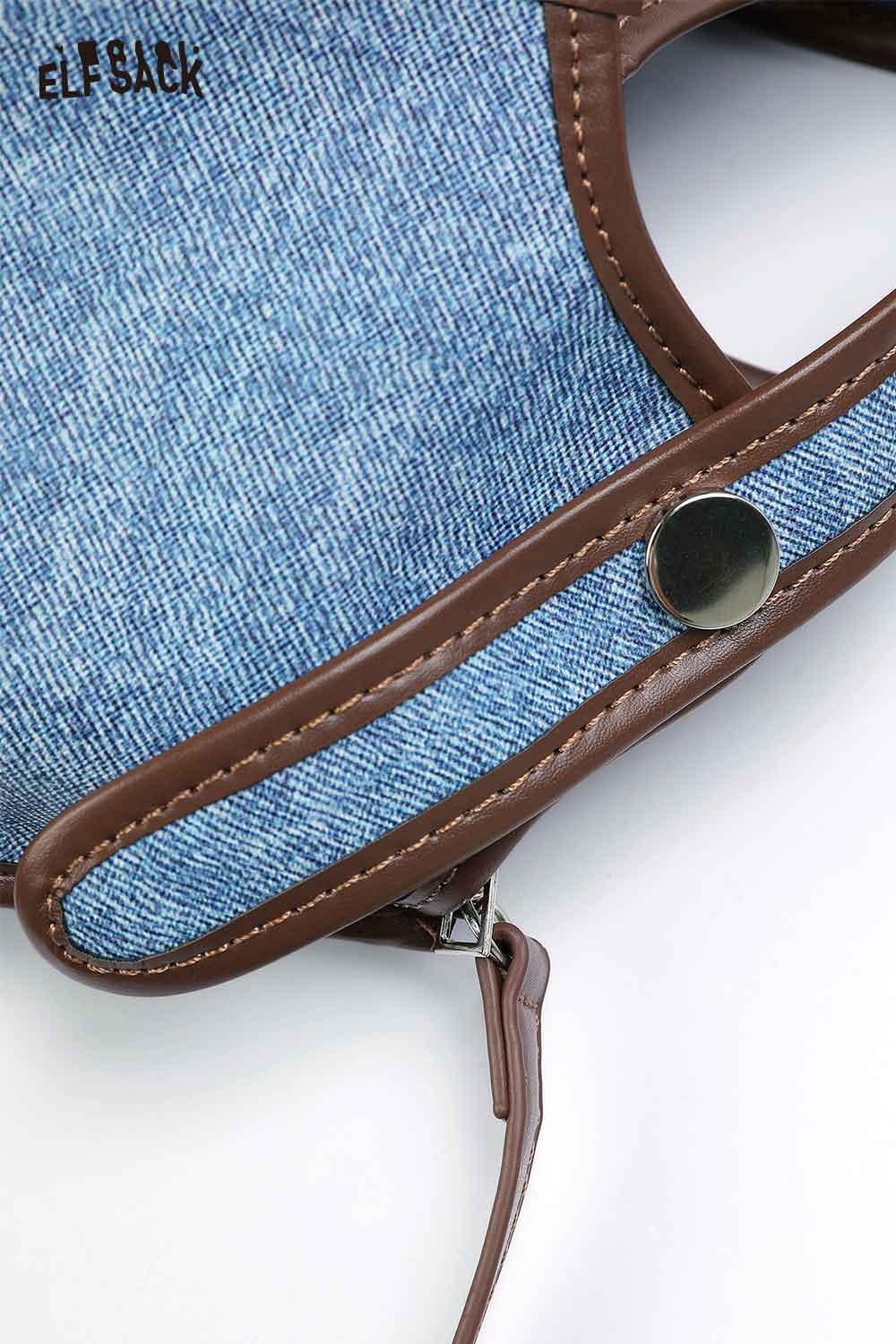 ELFSACK upcycled denim crossbody bag with a stylish design and brown accents