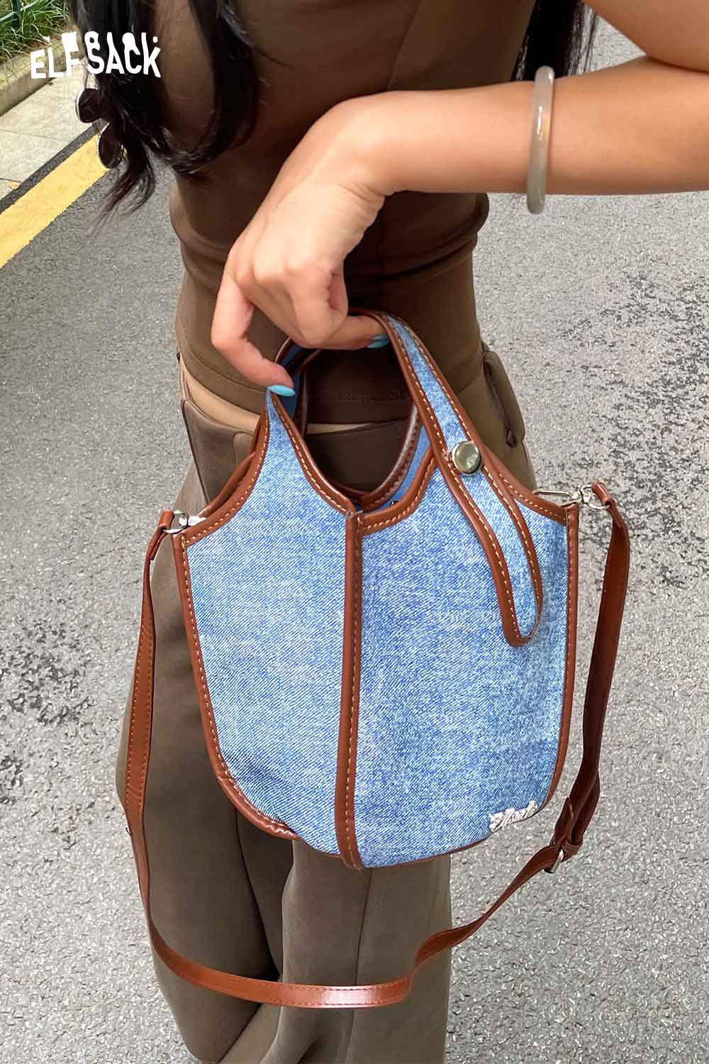 ELFSACK upcycled denim crossbody bag with brown leather straps for casual daily wear