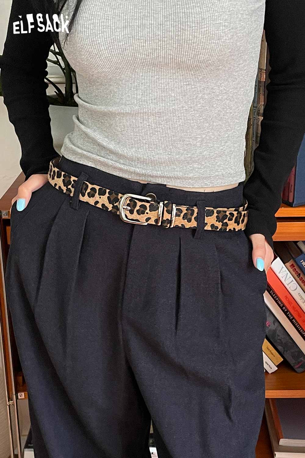 ELFSACK vegan suede animal print belt featuring a stylish leopard pattern and adjustable buckle