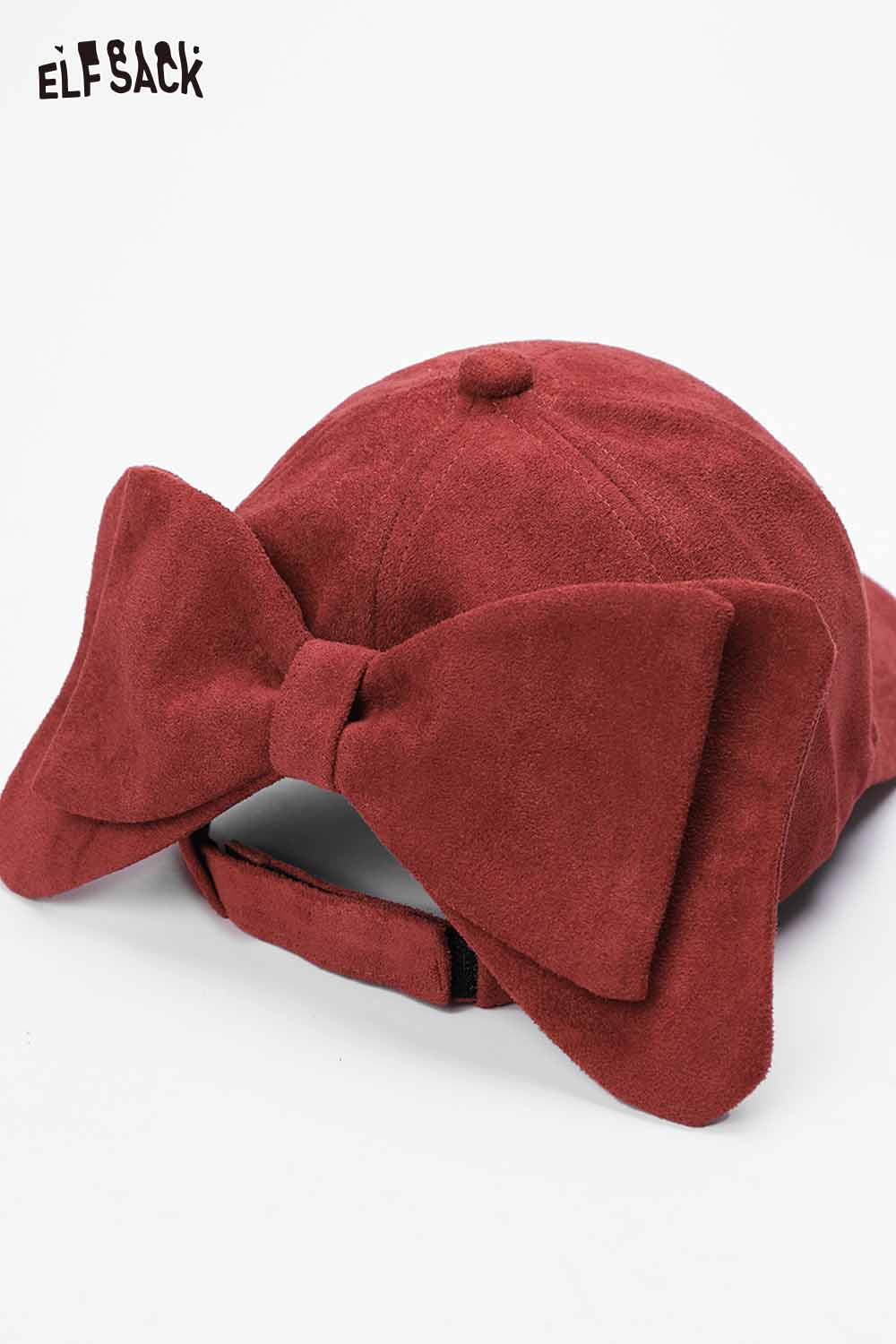 ELFSACK velour bow baseball cap in rich burgundy with a large decorative bow on the back