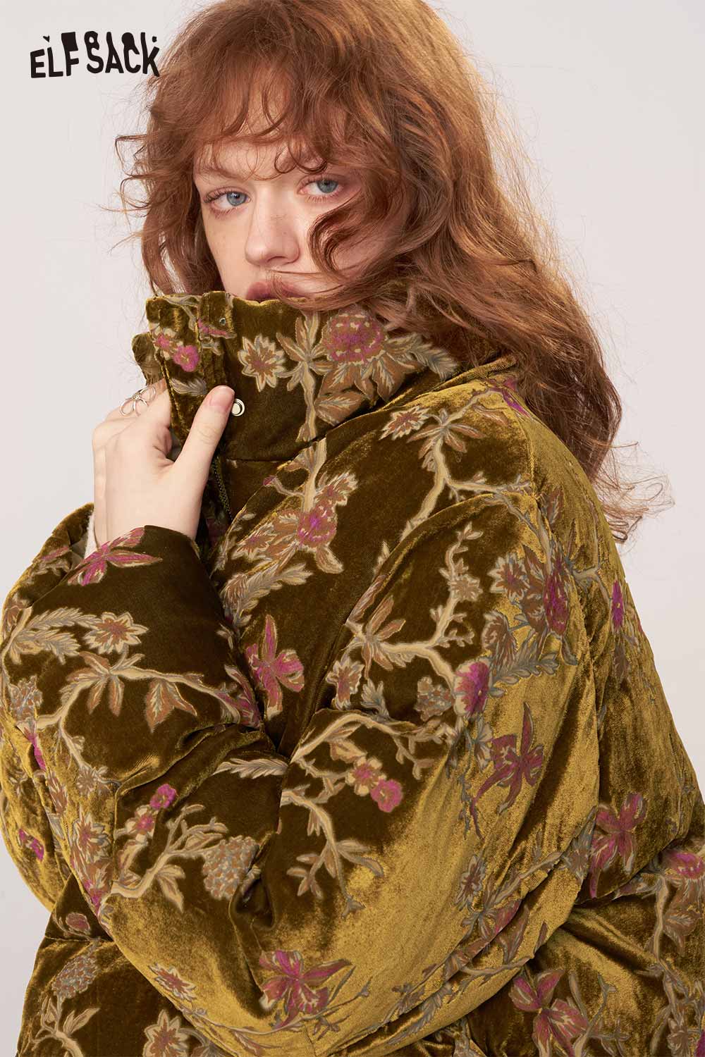 ELFSACK velvet quilted puffer jacket with floral design for stylish winter warmth
