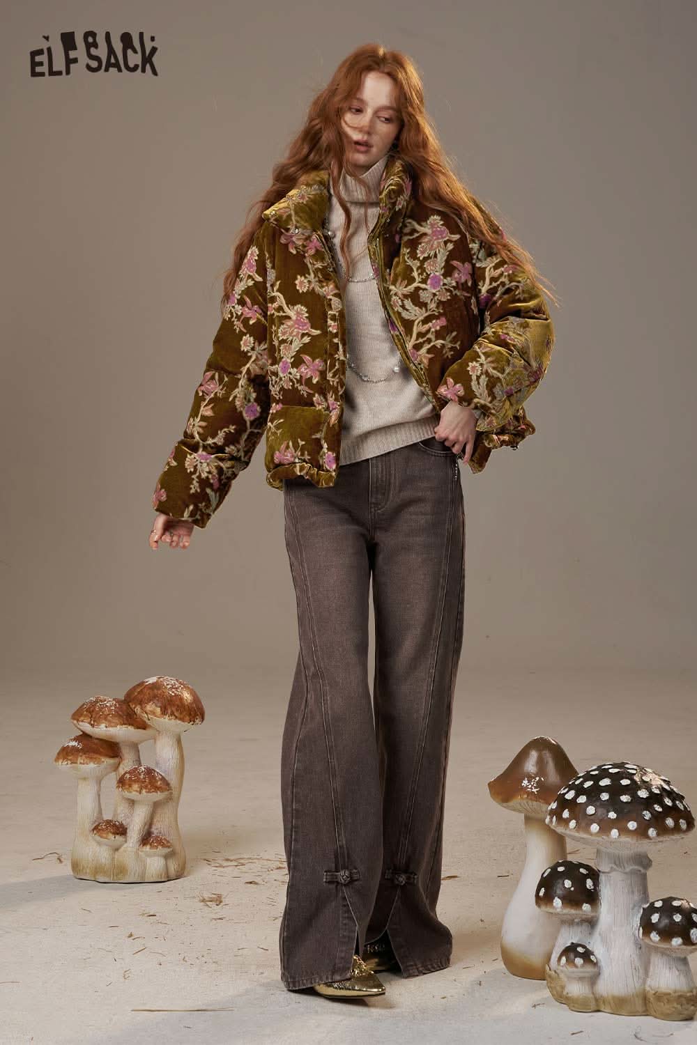 ELFSACK velvet quilted puffer jacket with floral design, perfect for stylish winter outfits