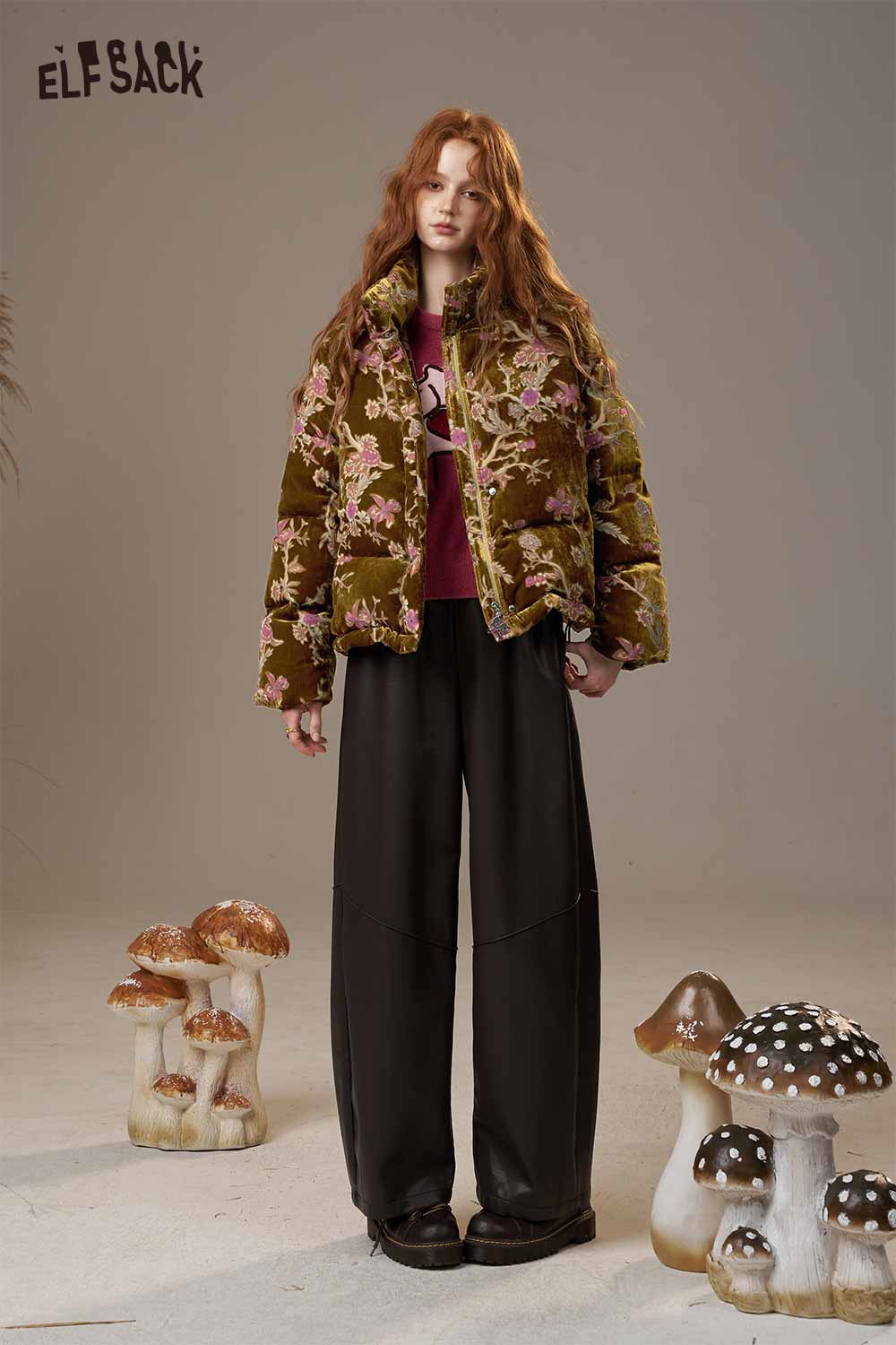 ELFSACK velvet quilted puffer jacket in floral design worn with loose black pants for a trendy look