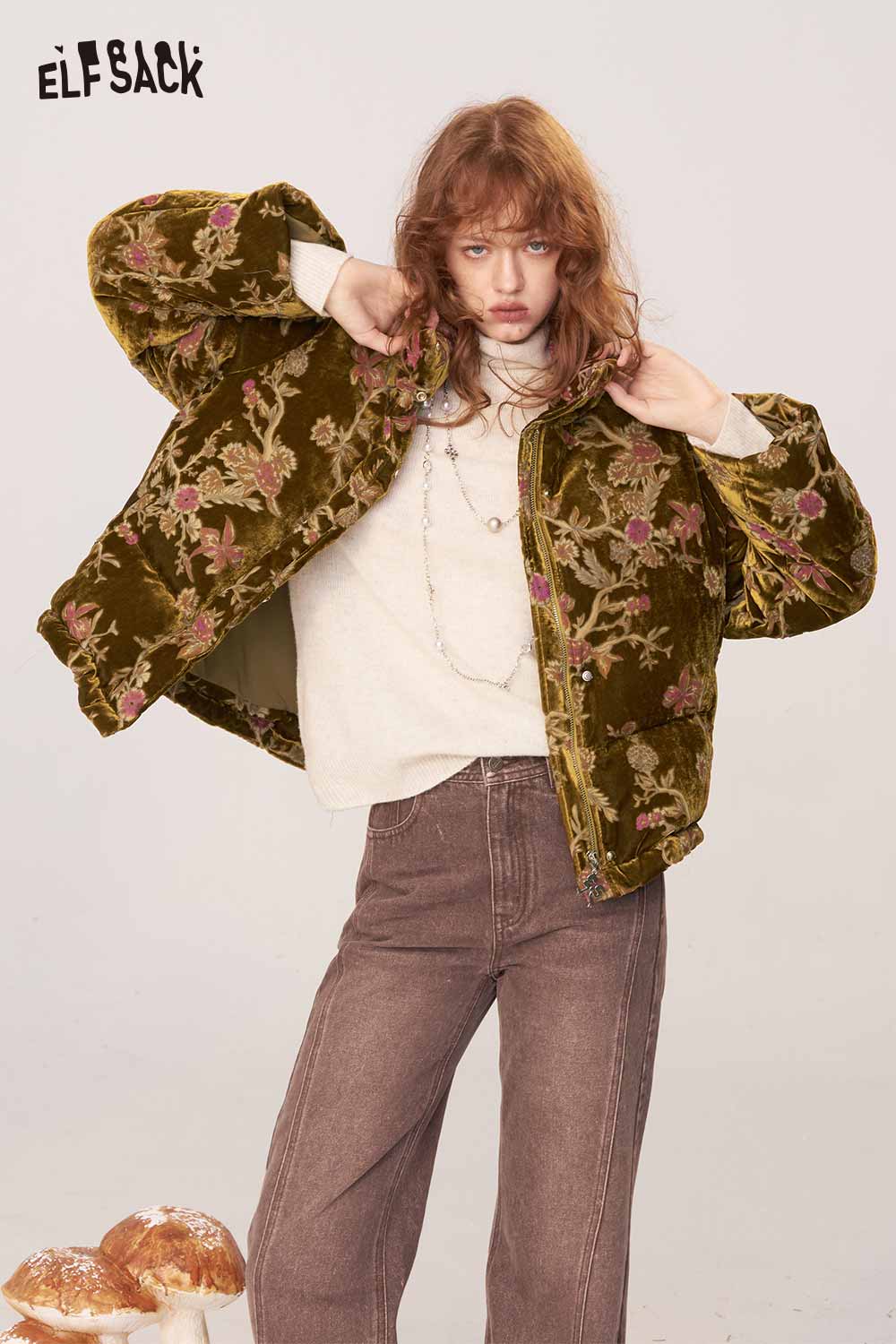 ELFSACK velvet quilted puffer jacket with floral embroidery for a stylish and cozy look