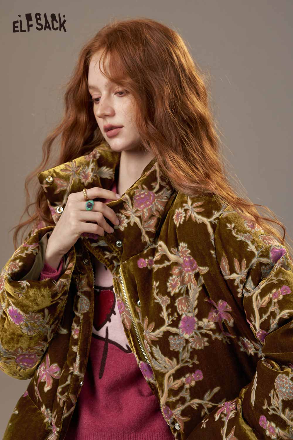 ELFSACK velvet quilted puffer jacket in rich green with floral embroidery and stylish collar