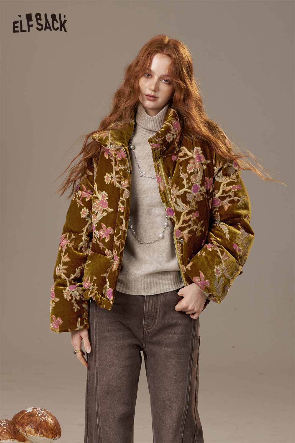 ELFSACK velvet quilted puffer jacket with floral embroidery and cozy design for stylish warmth