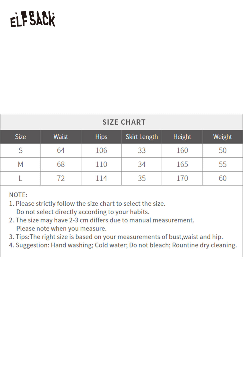 ELFSACK Size Chart for velvet short skirt for women with measurements for waist, hips, and length