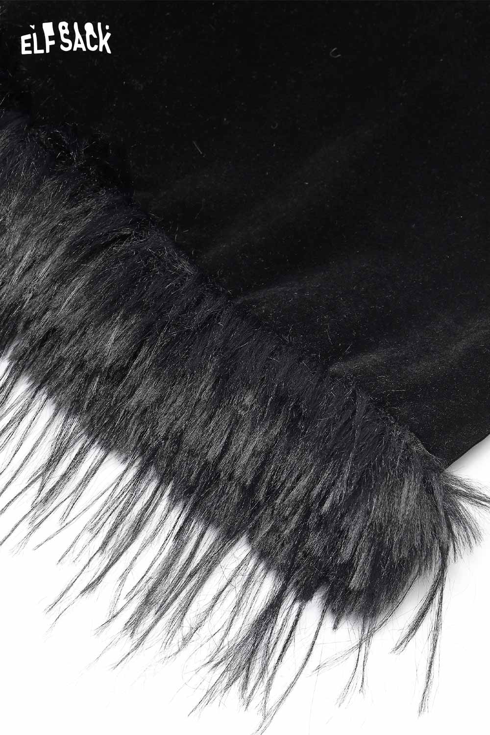 ELFSACK Black Velour Skirt with Fluffy Fringe Detail for Chic and Trendy Styles