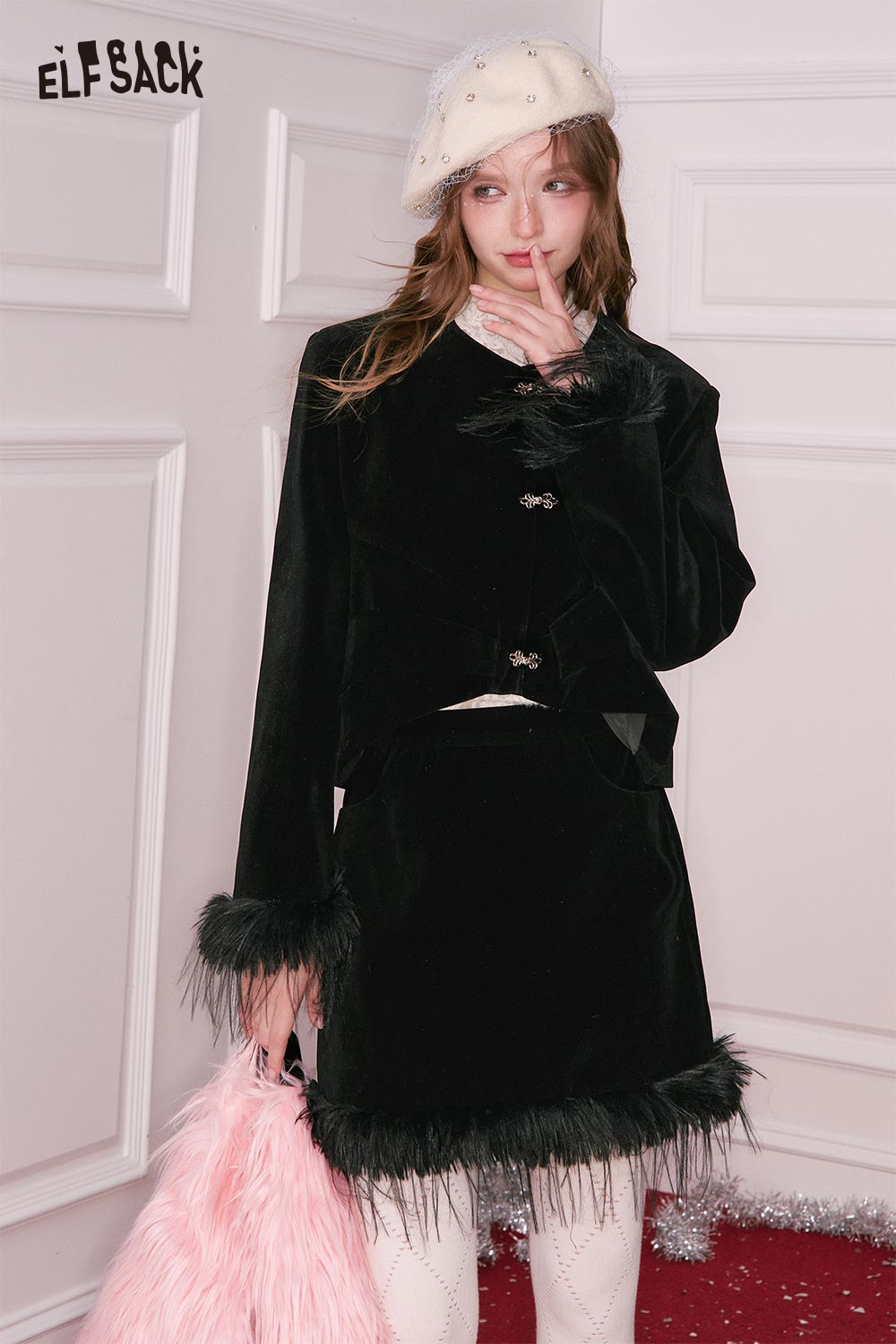 ELFSACK Black Velvet Jacket and Skirt Set with Feather Trim for a Chic Fashion Look