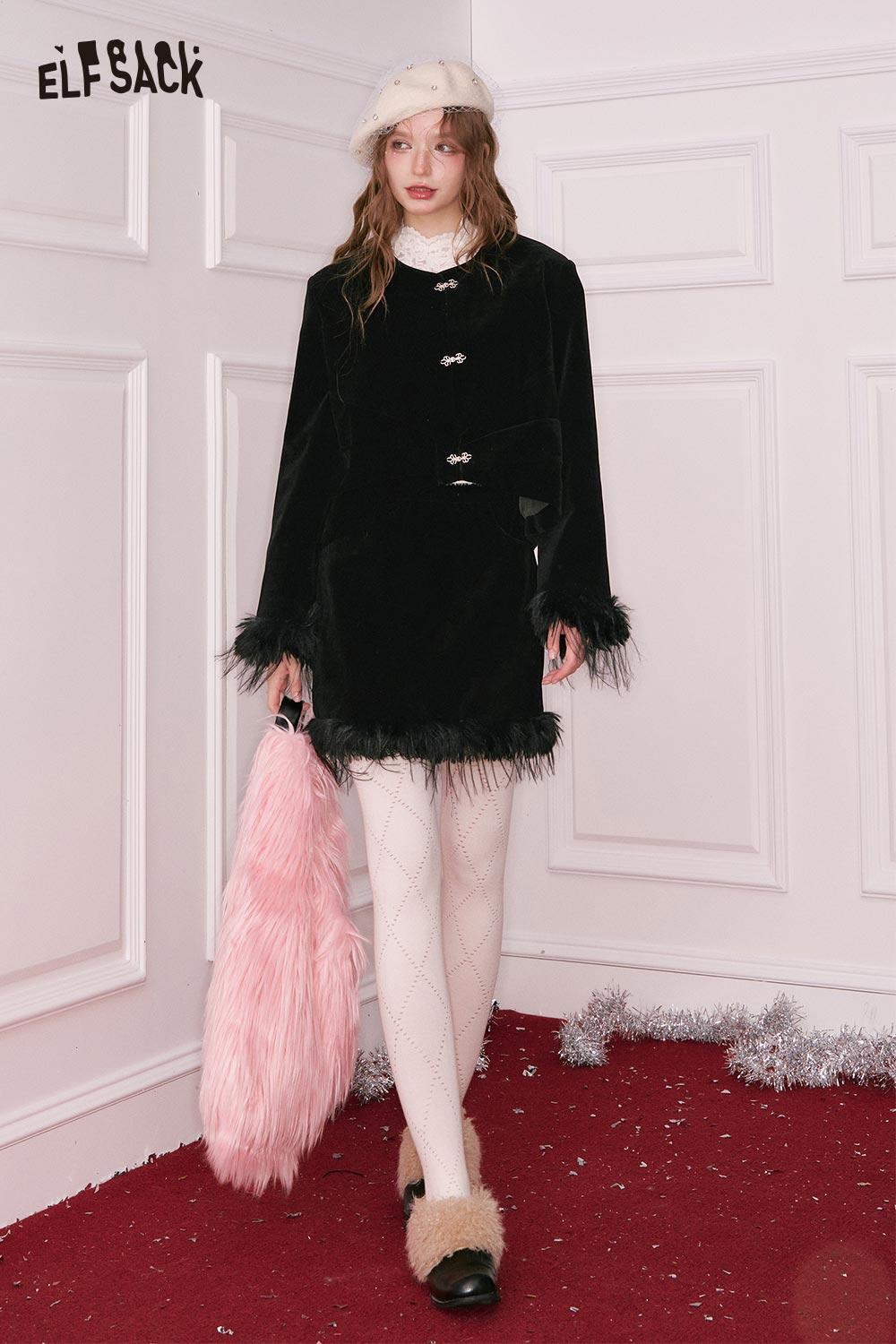 ELFSACK Black Velvet Dress with Feather Trim and Buttons for a Chic Fashion Look