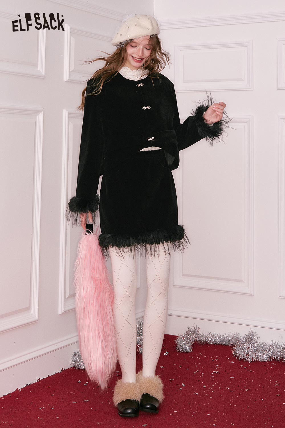 ELFSACK Black Velvet Coat Dress with Faux Fur Trim and Pink Fluffy Handbag for a Chic Look