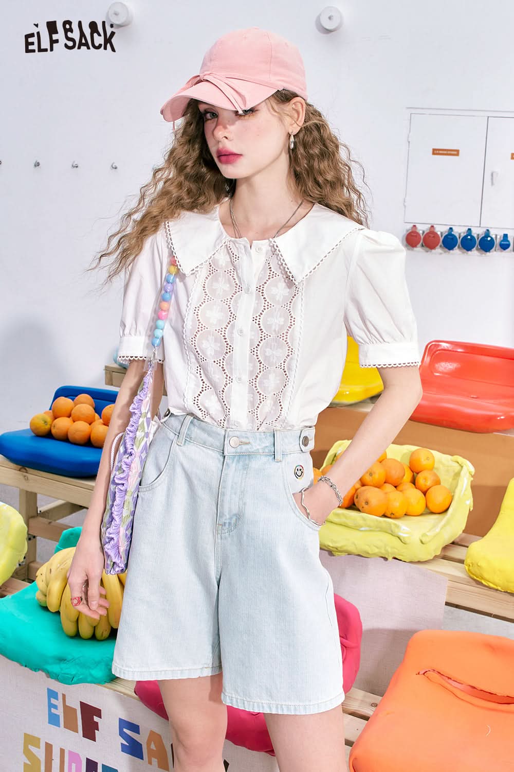 ELFSACK women shirt paired with light denim shorts styled with Cotton Tees Baby Tees Cropped Fit Playful & Kawaii