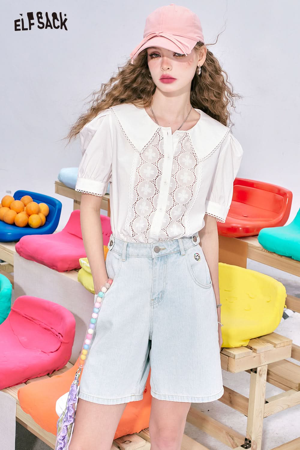 ELFSACK women shirt featuring Cotton Tees Baby Tees Cropped Fit Playful & Kawaii style with lace details and puff sleeves