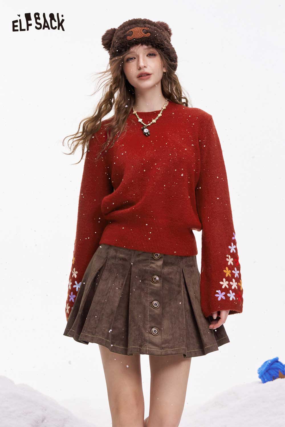 ELFSACK cropped floral sleeve sweater in red with colorful floral embroidery and long sleeves
