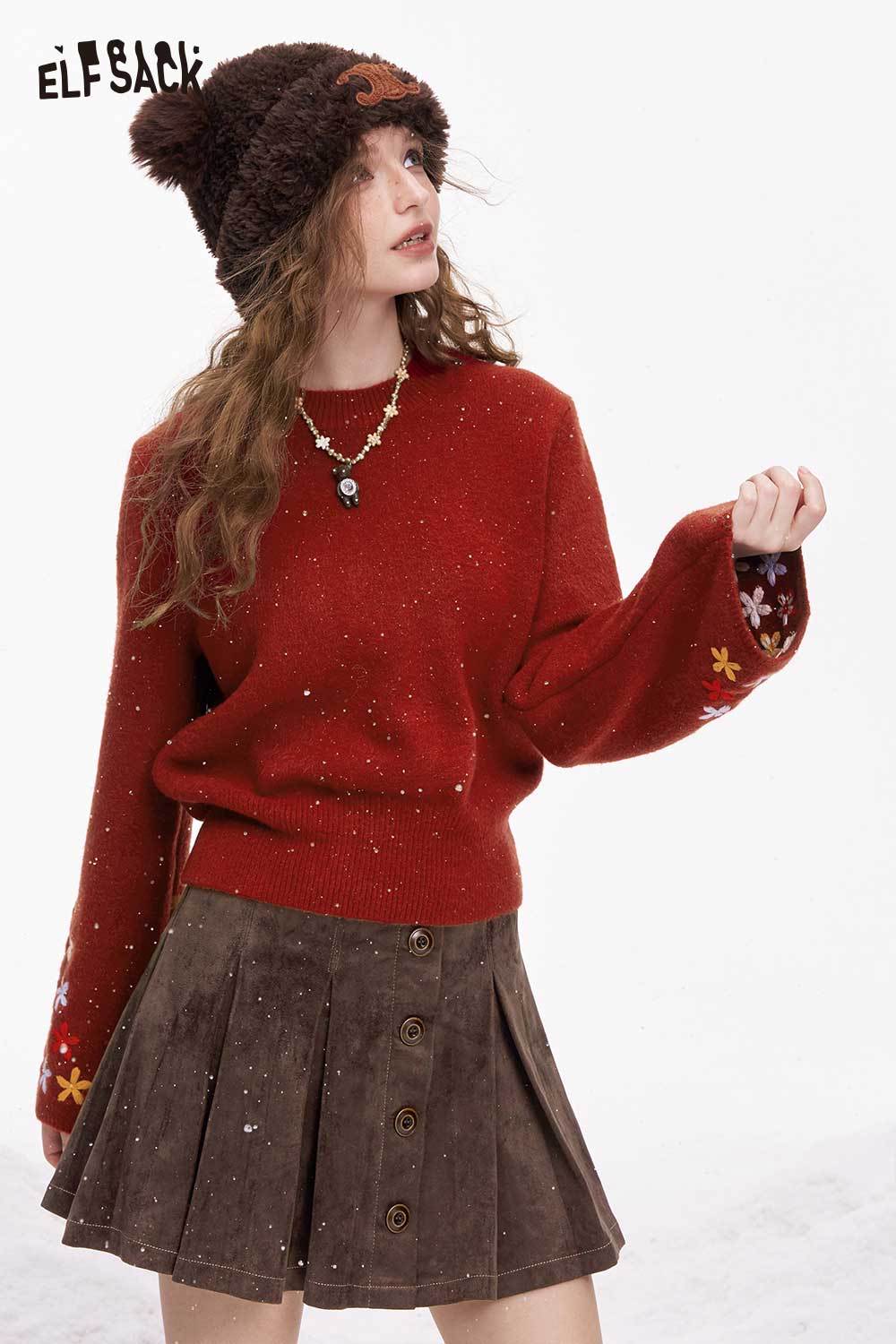 ELFSACK cropped floral sleeve sweater in red with embroidered floral details and a relaxed fit
