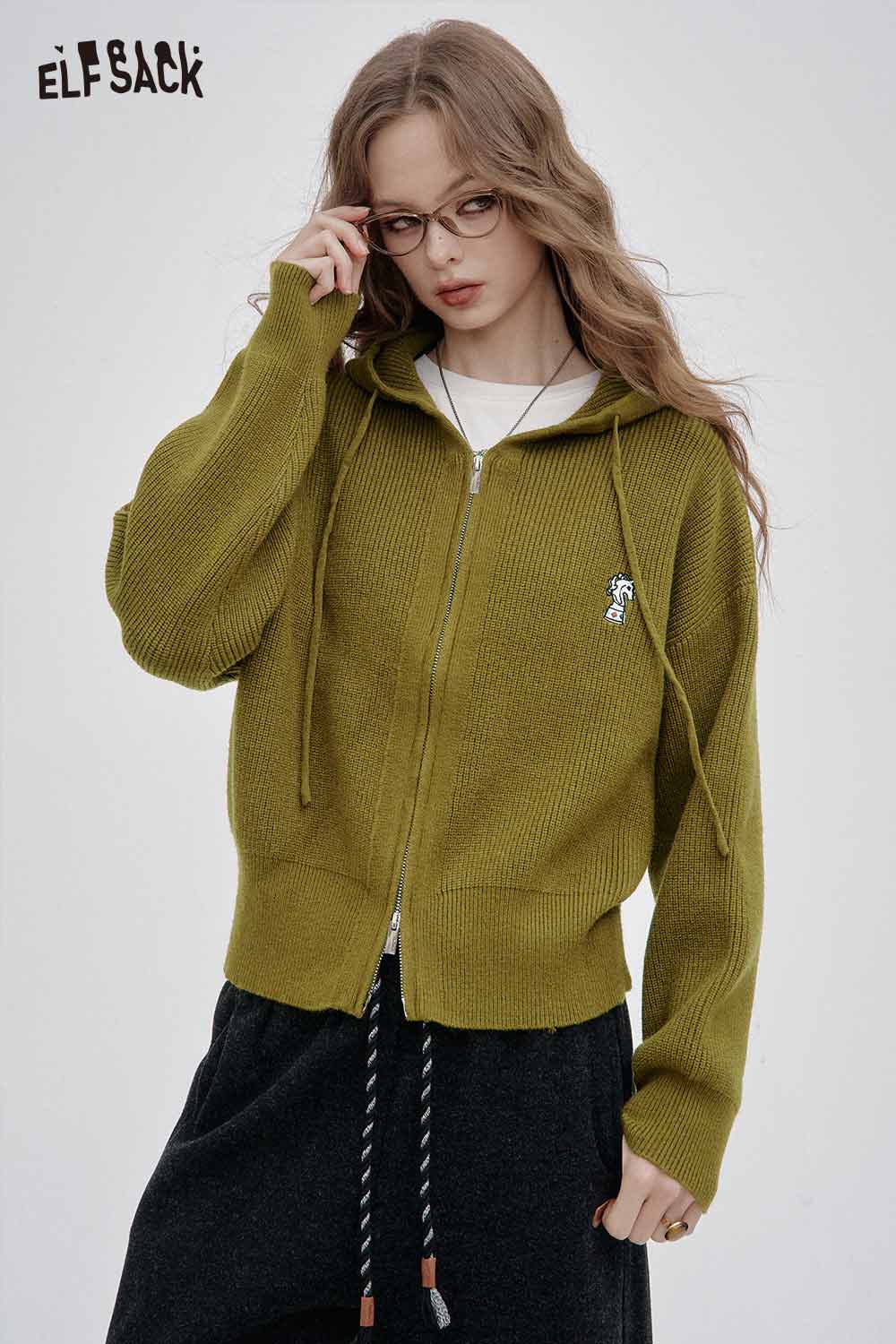 ELFSACK crown embroidered knit sweater in olive green with a cozy zip-up design and hood
