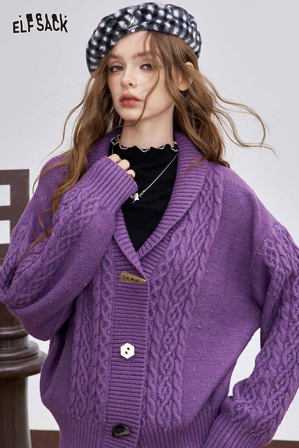 ELFSACK irregular button knit sweater in purple featuring a cozy oversized design and unique cable knit pattern