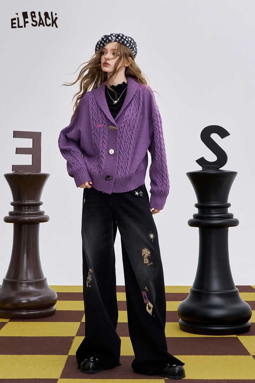 ELFSACK irregular button knit sweater in purple with a cozy oversized fit and textured design