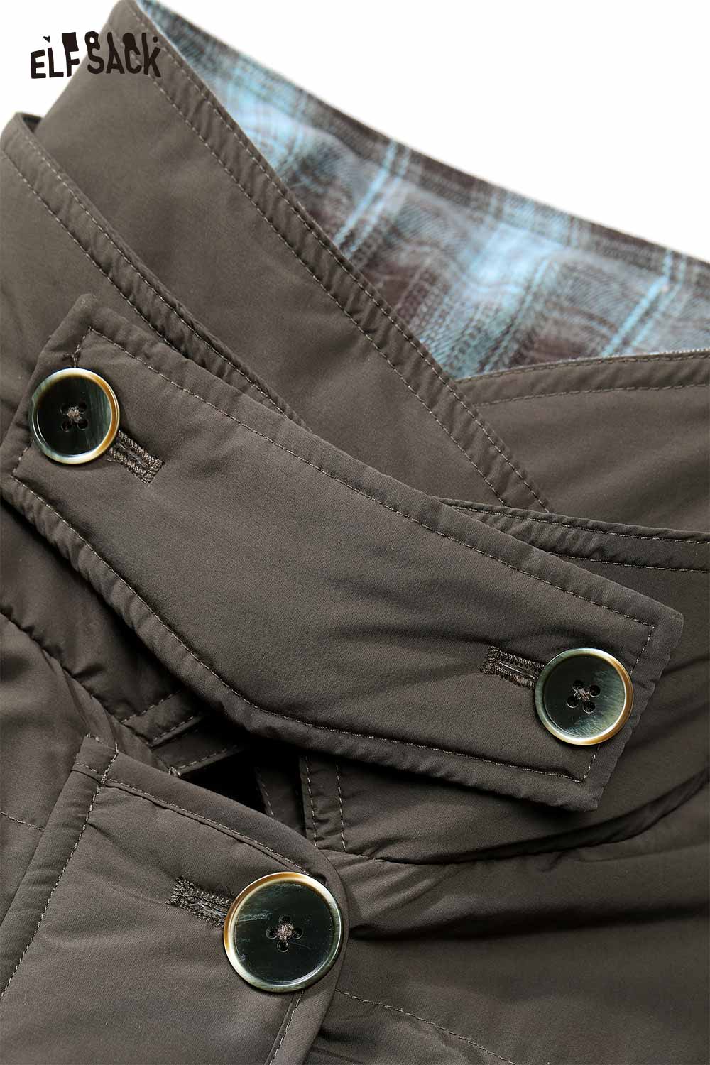 ELFSACK minimalist long down coat for women featuring a stylish button detail and plaid lining