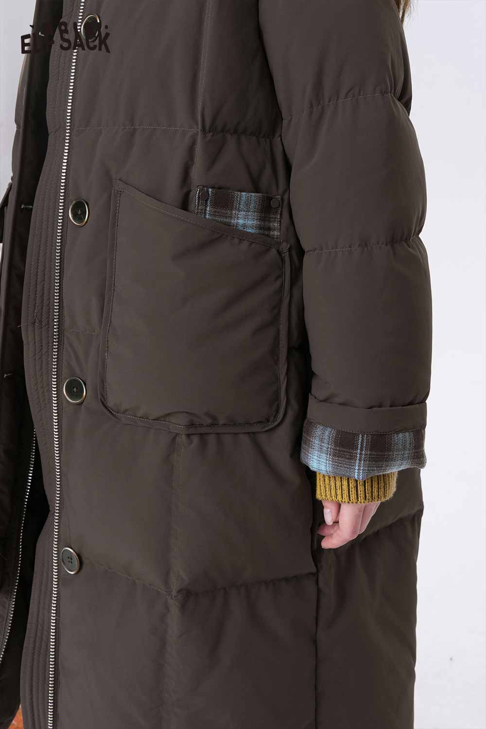 ELFSACK minimalist long down coat for women with side pockets and warm design