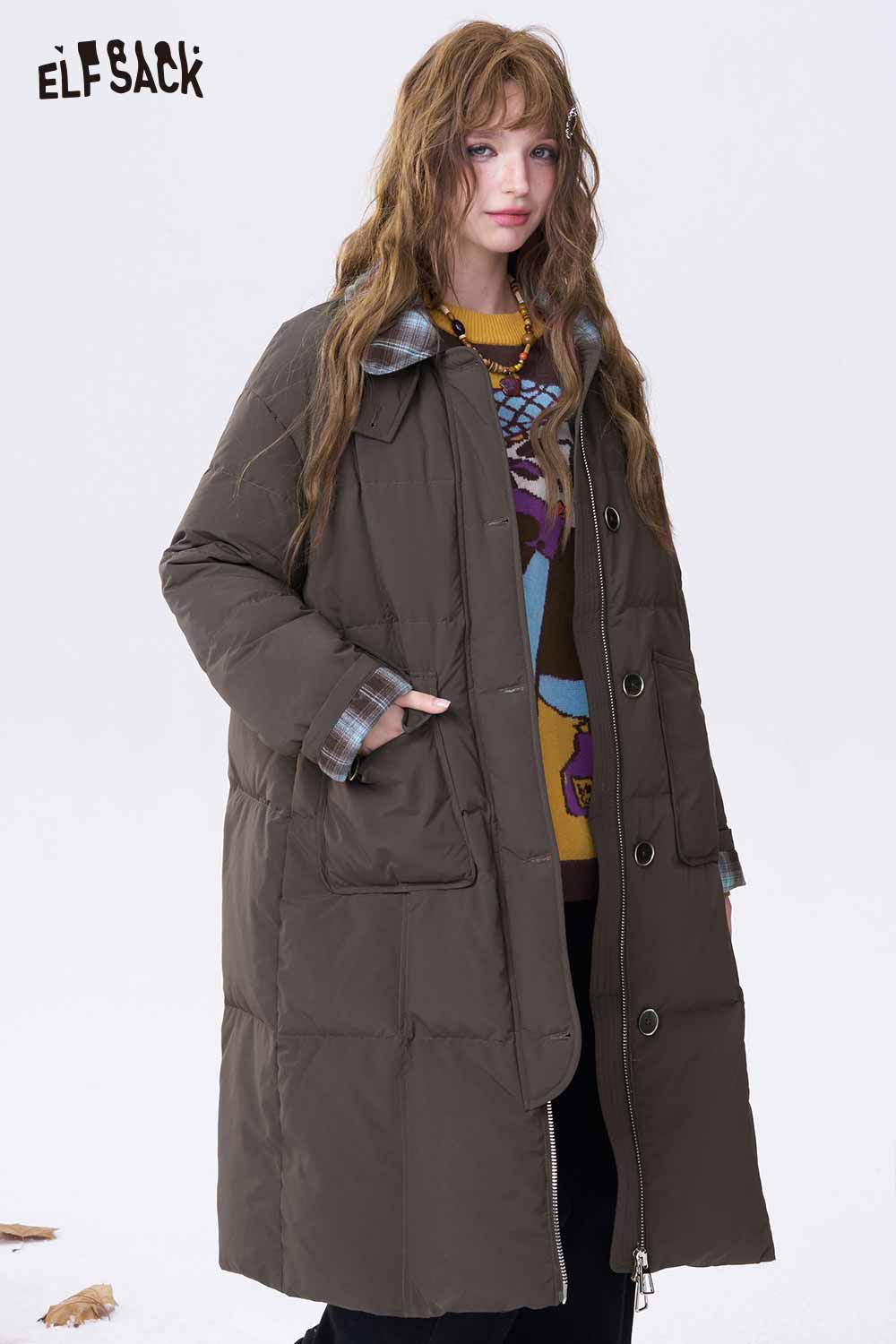ELFSACK minimalist long down coat for women in dark gray with a stylish, relaxed fit