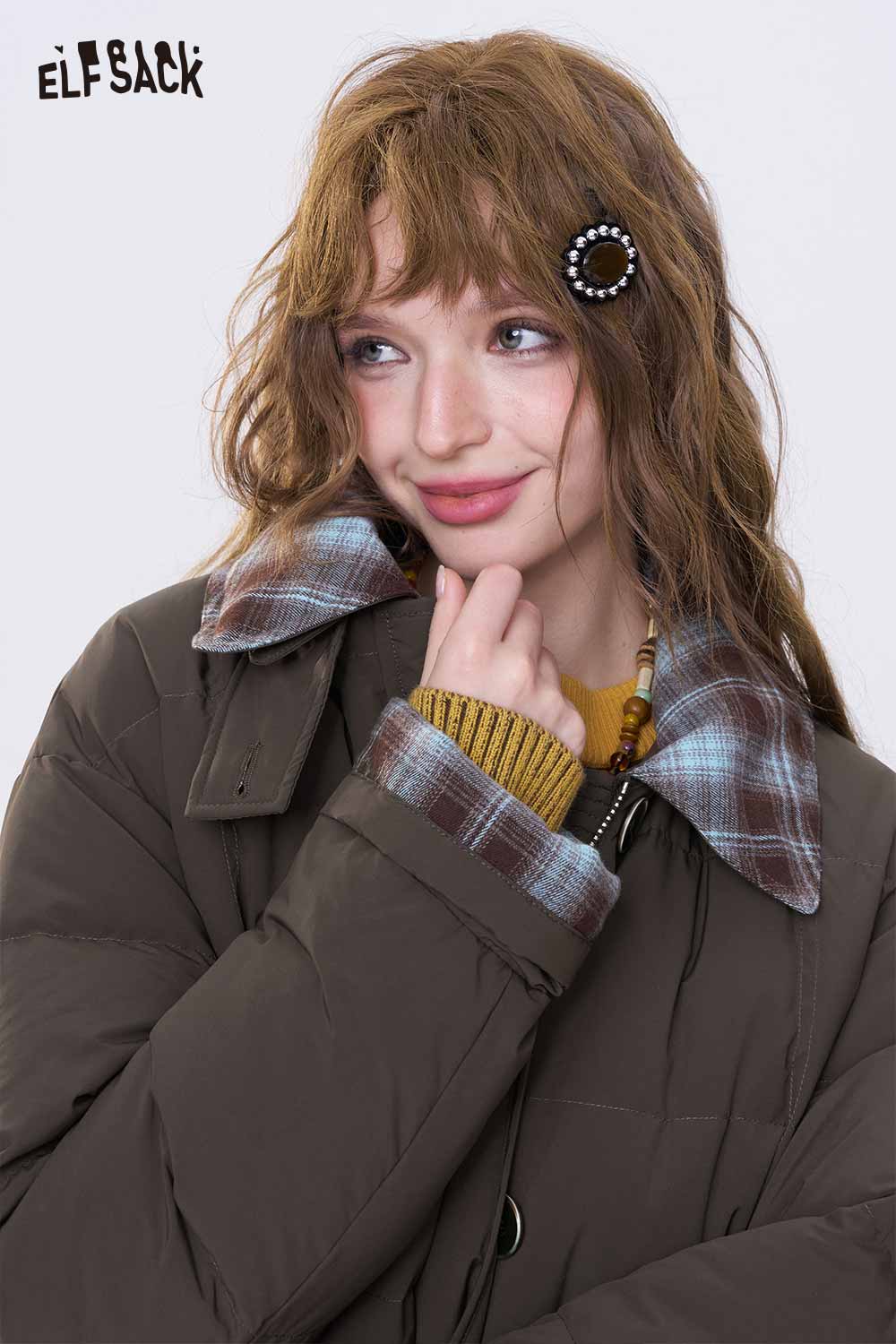 ELFSACK minimalist long down coat for women with a stylish plaid collar and cozy fit