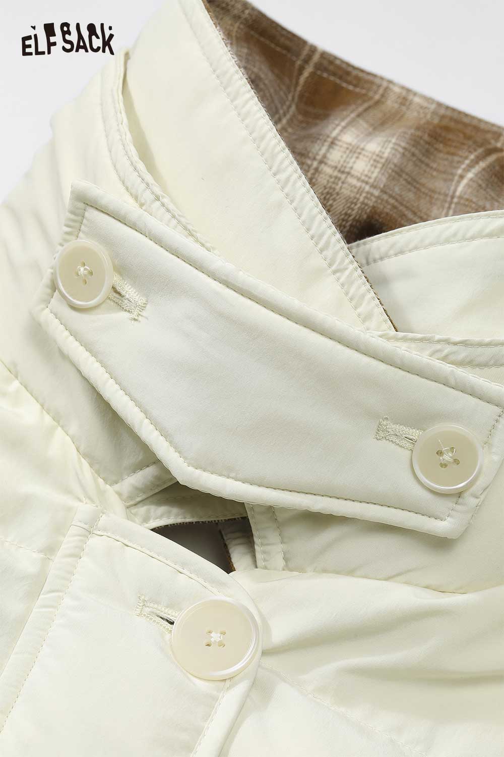 ELFSACK minimalist long down coat for women with stylish button closure and soft lining