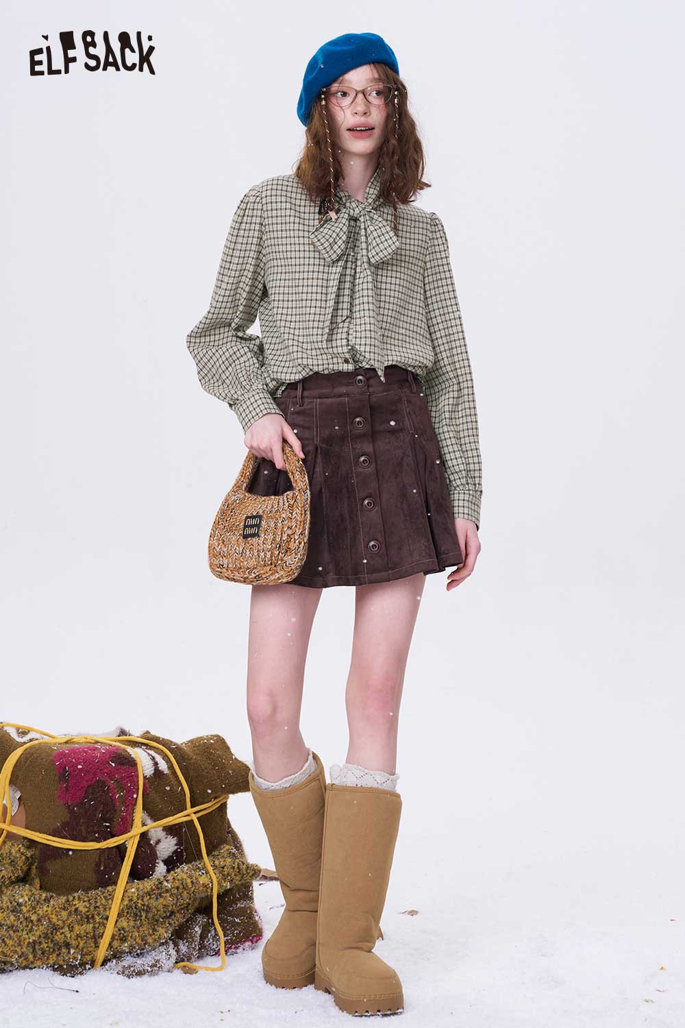 ELFSACK preppy bow tie blouse for women styled with a brown skirt and cozy boots