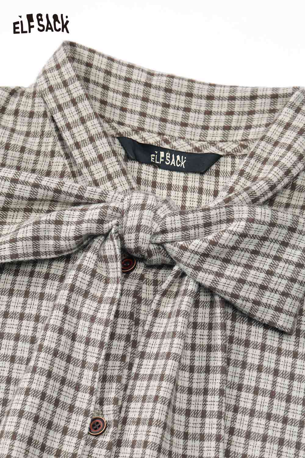 ELFSACK preppy bow tie blouse for women in plaid pattern with a stylish collar detail