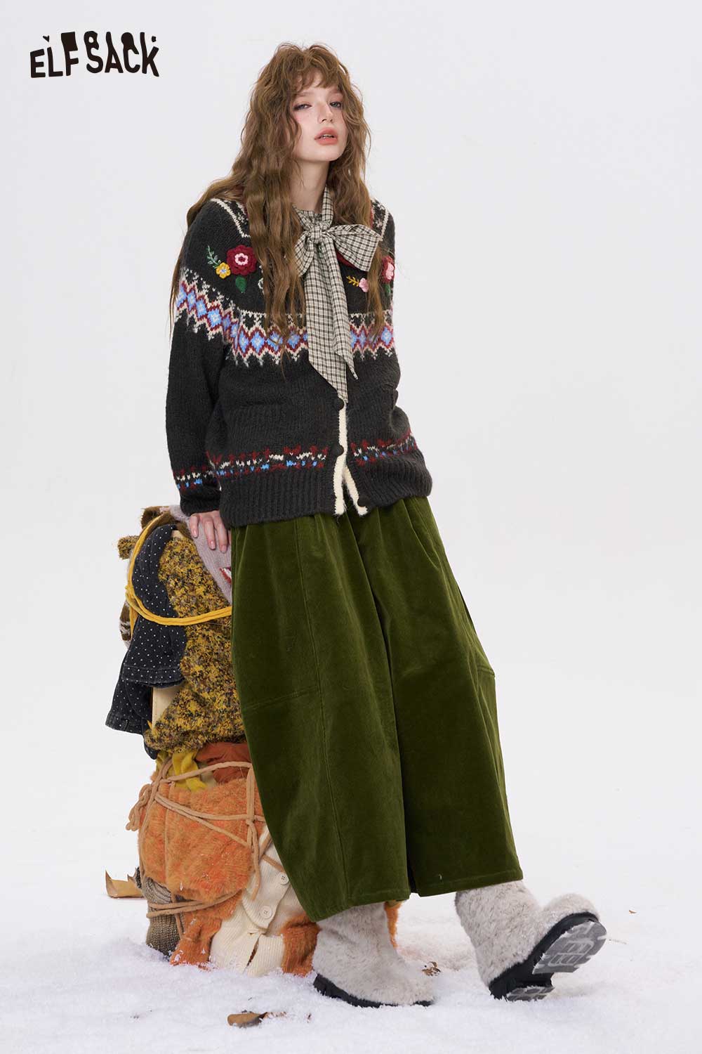 ELFSACK preppy bow tie blouse for women styled with a knitted sweater and wide-legged pants