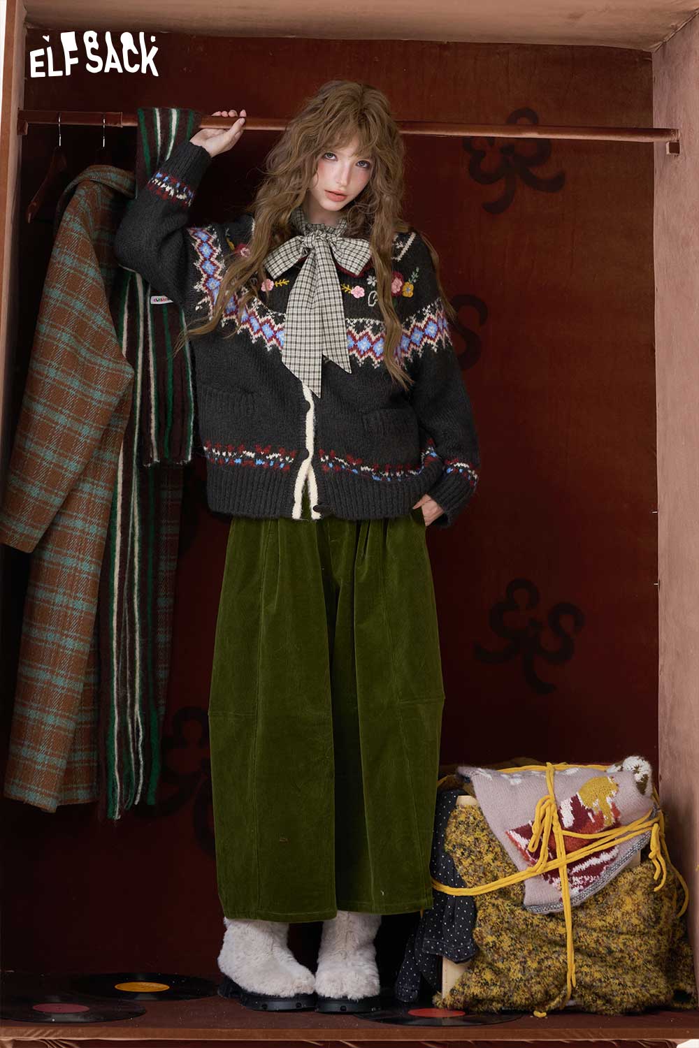 ELFSACK preppy bow tie blouse for women styled with a cozy oversized sweater and wide-leg trousers