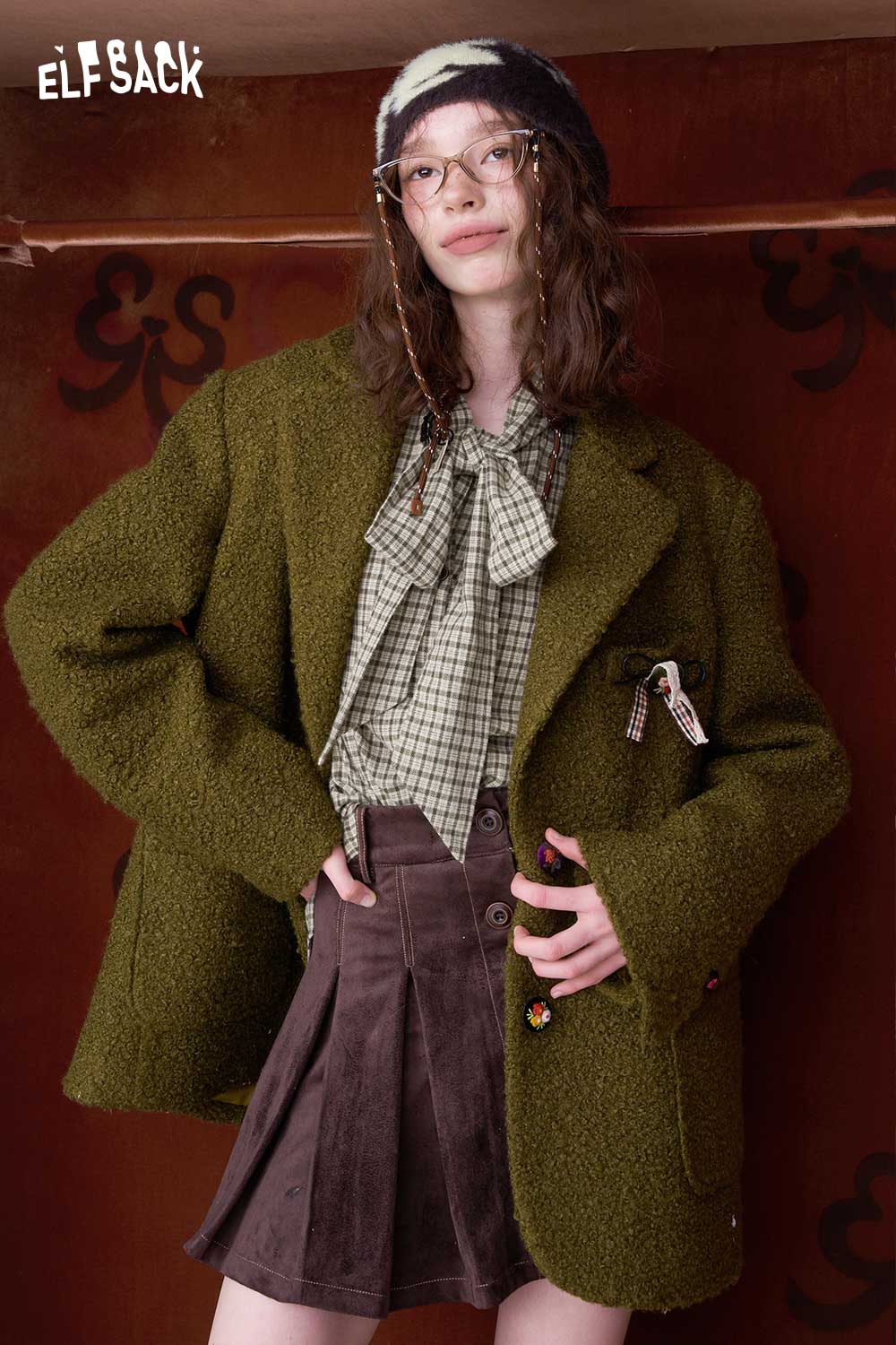 ELFSACK preppy bow tie blouse for women in green checkered pattern styled with a cozy oversized jacket