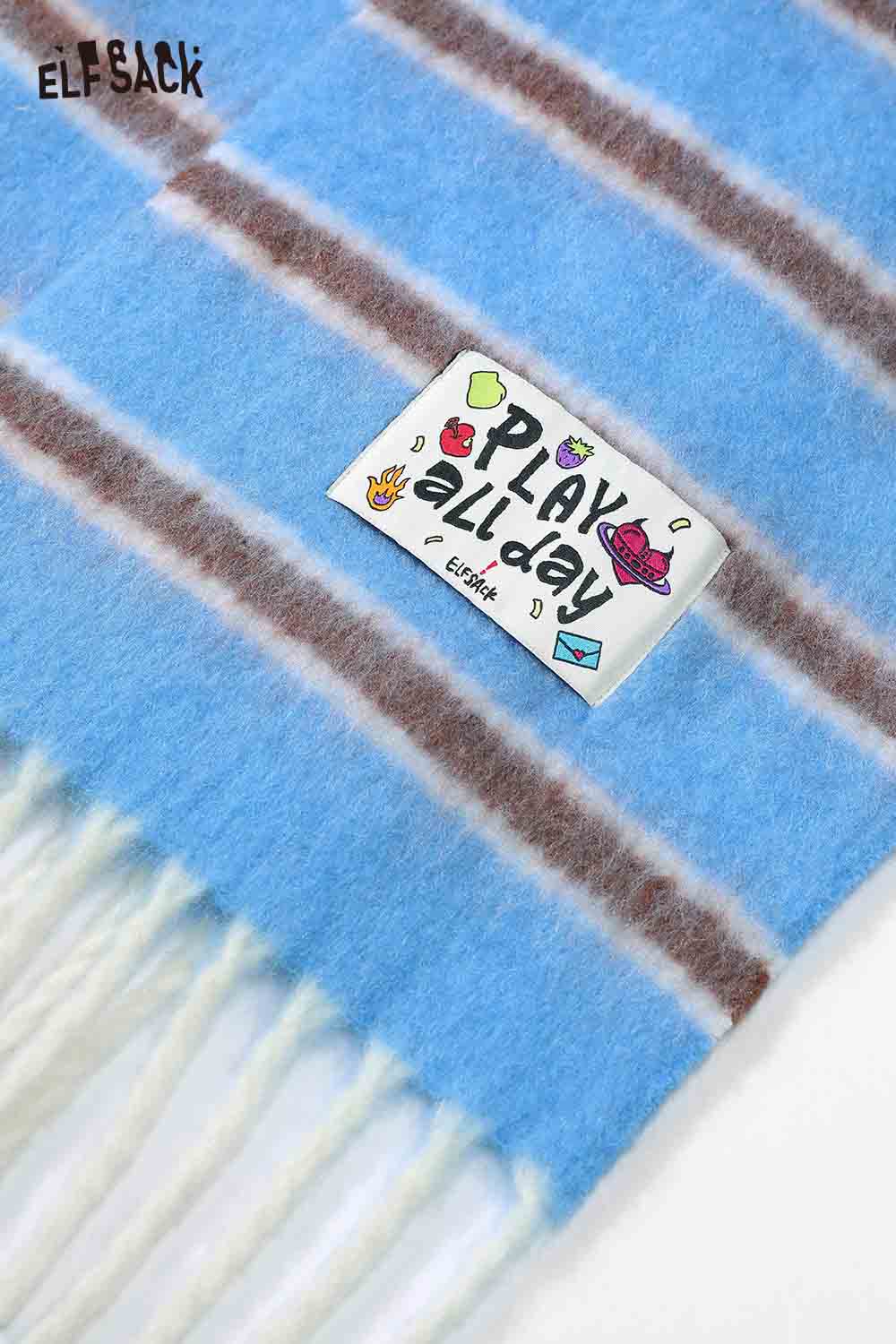 ELFSACK preppy striped fringe scarf in blue with playful patch design for a stylish look