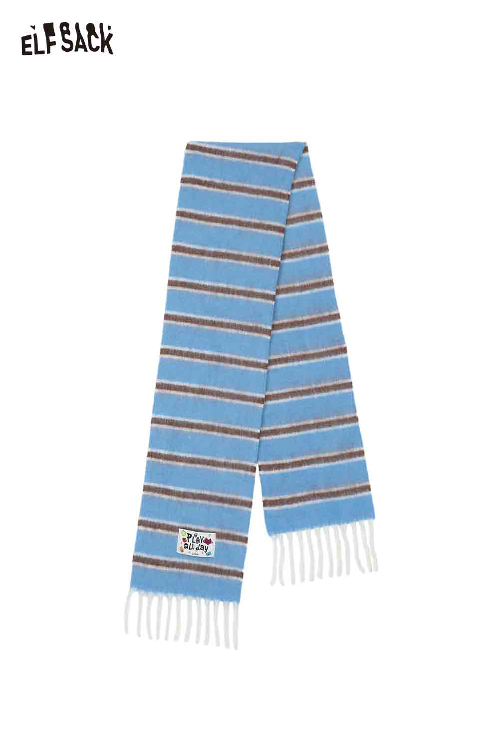 ELFSACK preppy striped fringe scarf in blue with multi-colored stripes and fringe detailing