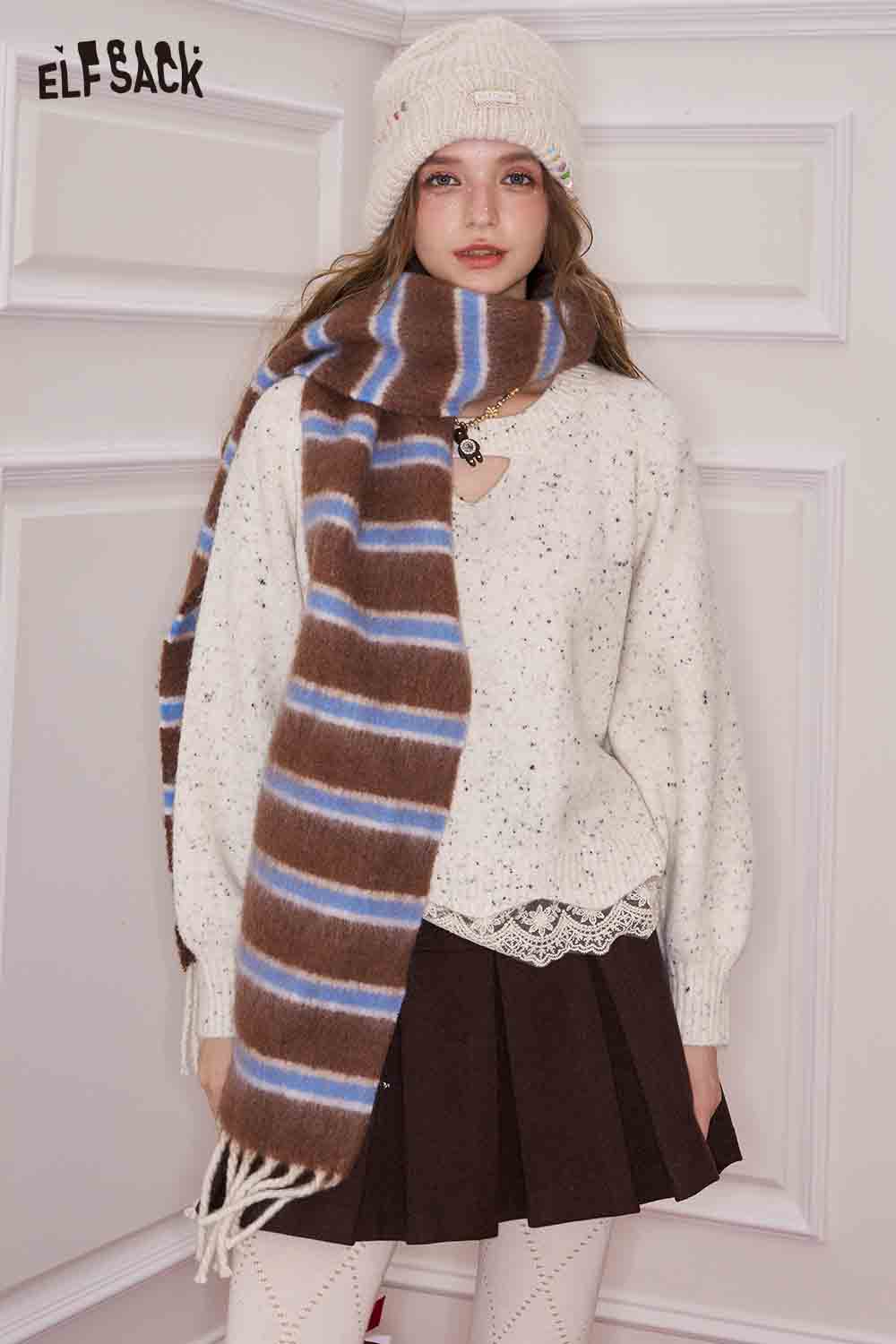 Fashionable ELFSACK preppy striped fringe scarf styled with a cozy sweater and skirt