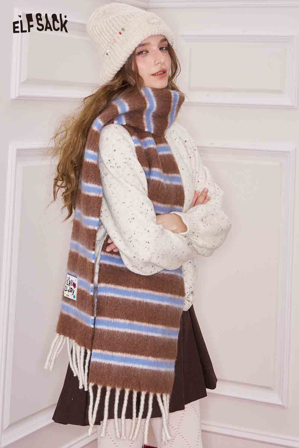 ELFSACK preppy striped fringe scarf in brown and blue for stylish winter outfits