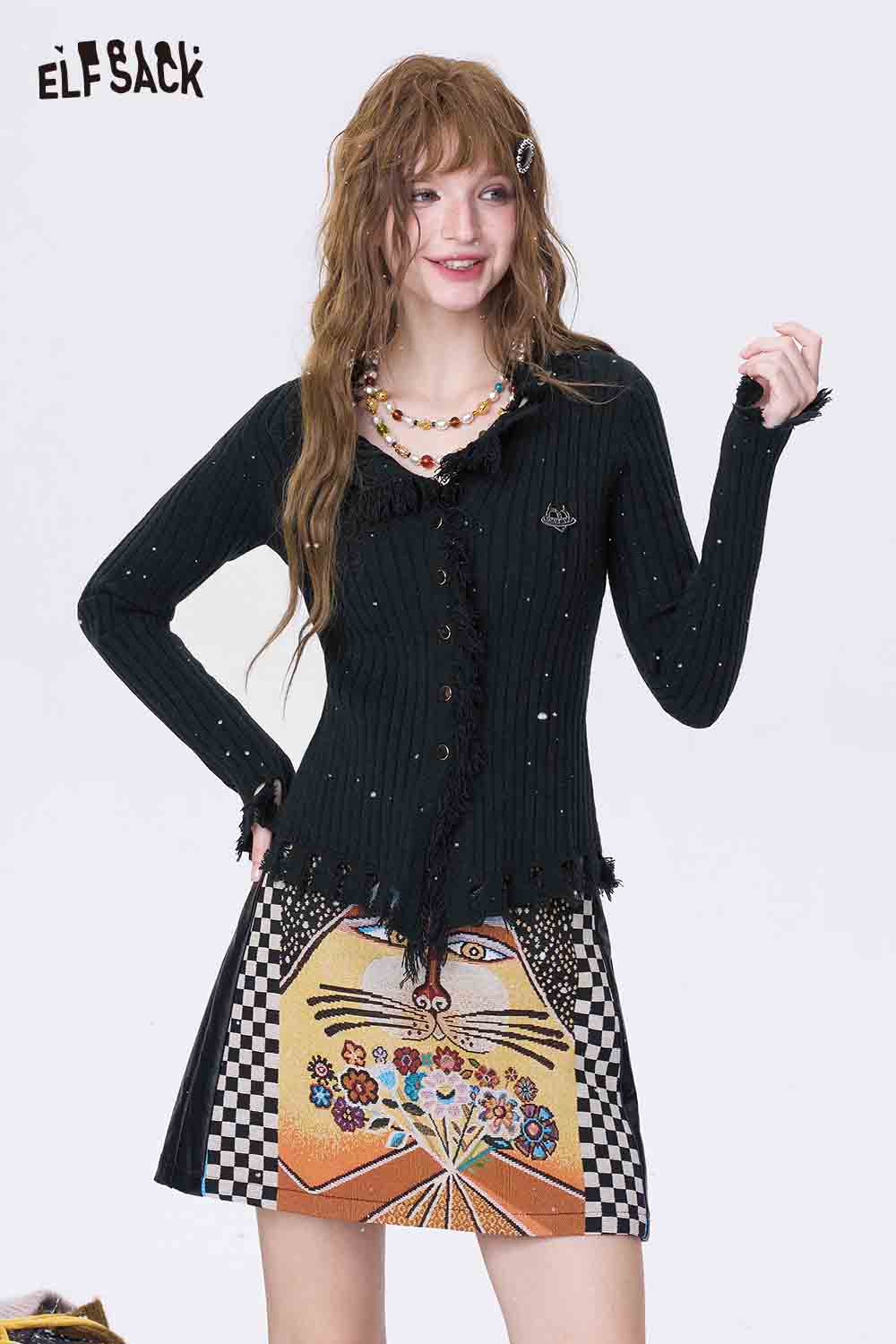ELFSACK slim fit heart logo knit sweater in black with button details and playful design