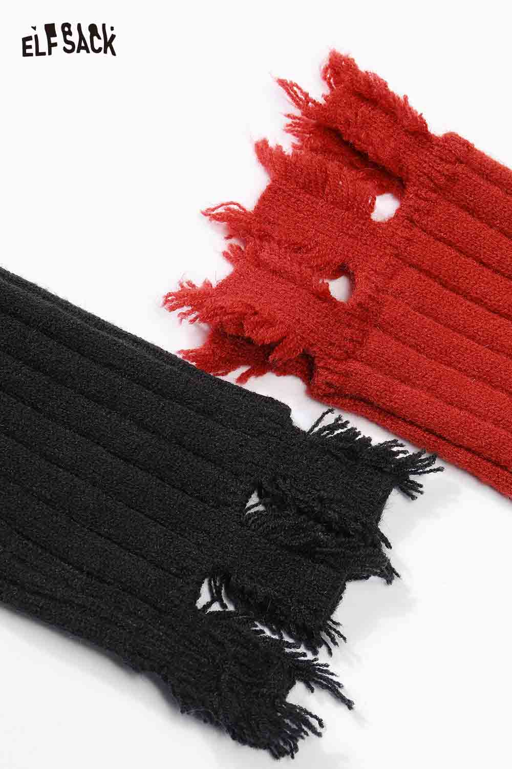 ELFSACK slim fit heart logo knit sweater in black and red with fringed detailing and ribbed texture